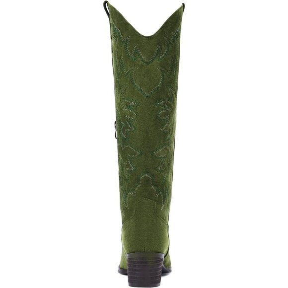 Women Faux Leather Suede Green Side Zipper Chunky Heel Knee High Western Boots - Picture 3 of 6